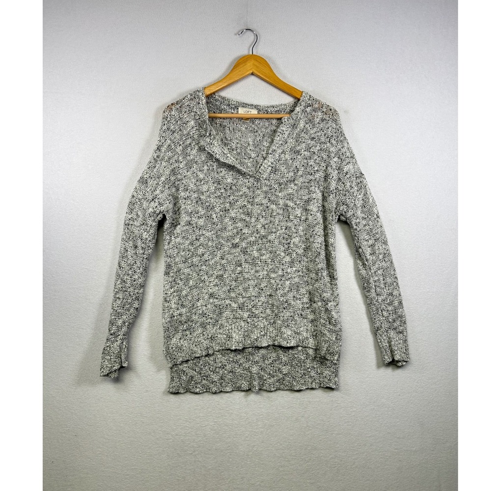 Loft Sweater Womens‎ Large Black White Marled V-Neck High-Low Knit Pullover